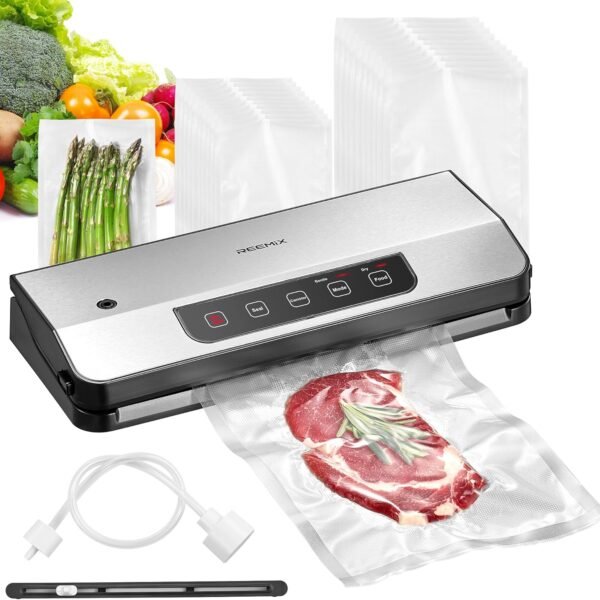 Vacuum Sealer, Reemix 8-in-1 Food Vacuum Sealer Machine with 65 KPA Powerful Suction, Food Vacuum Sealer with Build-out Cutter, 20 Vacuum Bags & Accessory Hose